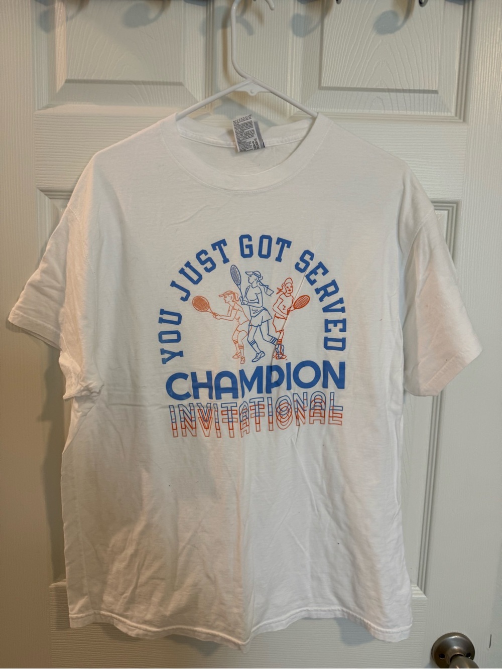 Champion White Tee with Blue and Orange Tennis Graphic